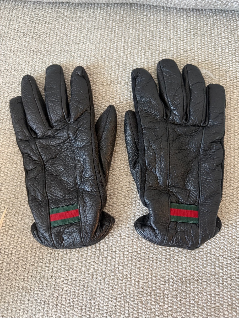 Gucci Black Leather Men's Gloves with Red & Green Web Stripe
